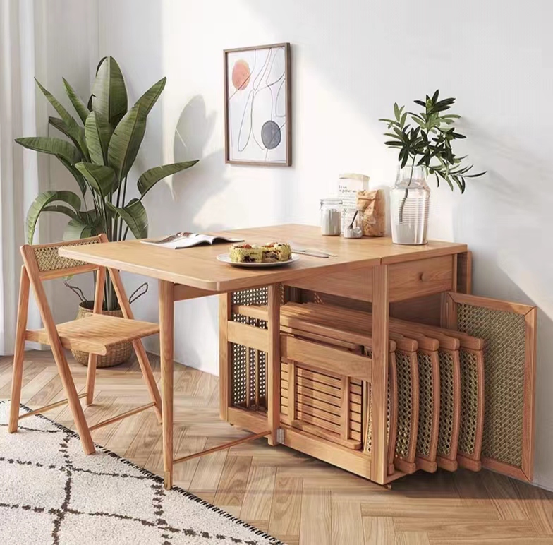 Super special offer💥Folding dining table with solid wood legs Small household simple rectangular dining table