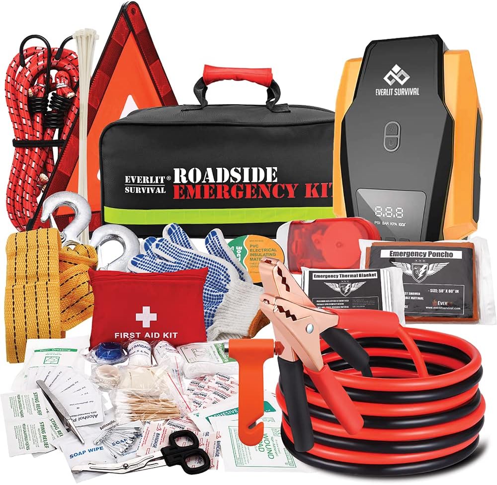 （💥Limited Time Offer💥）Everlit Survival Car Emergency Kit, Roadside Safety Tool Kit with Gloves,Digital Auto Air Compressor Tire Inflator, First Aid Kit, 12 Feet Jumper Cable, Tow Strap, Flashlight for Women, Men, Teenagers