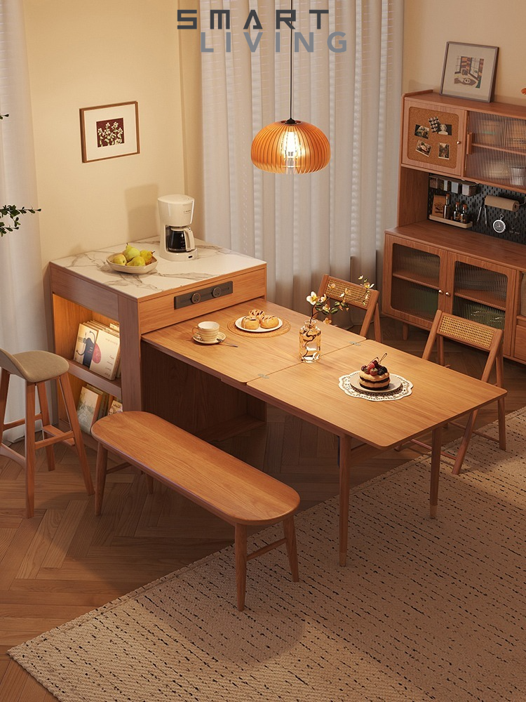 Warner's Rock Slate Mid Island Table Folding Dining Table with One Piece Solid Wooden Legs Small Japanese Telescopic Dining Table and Chairs Set