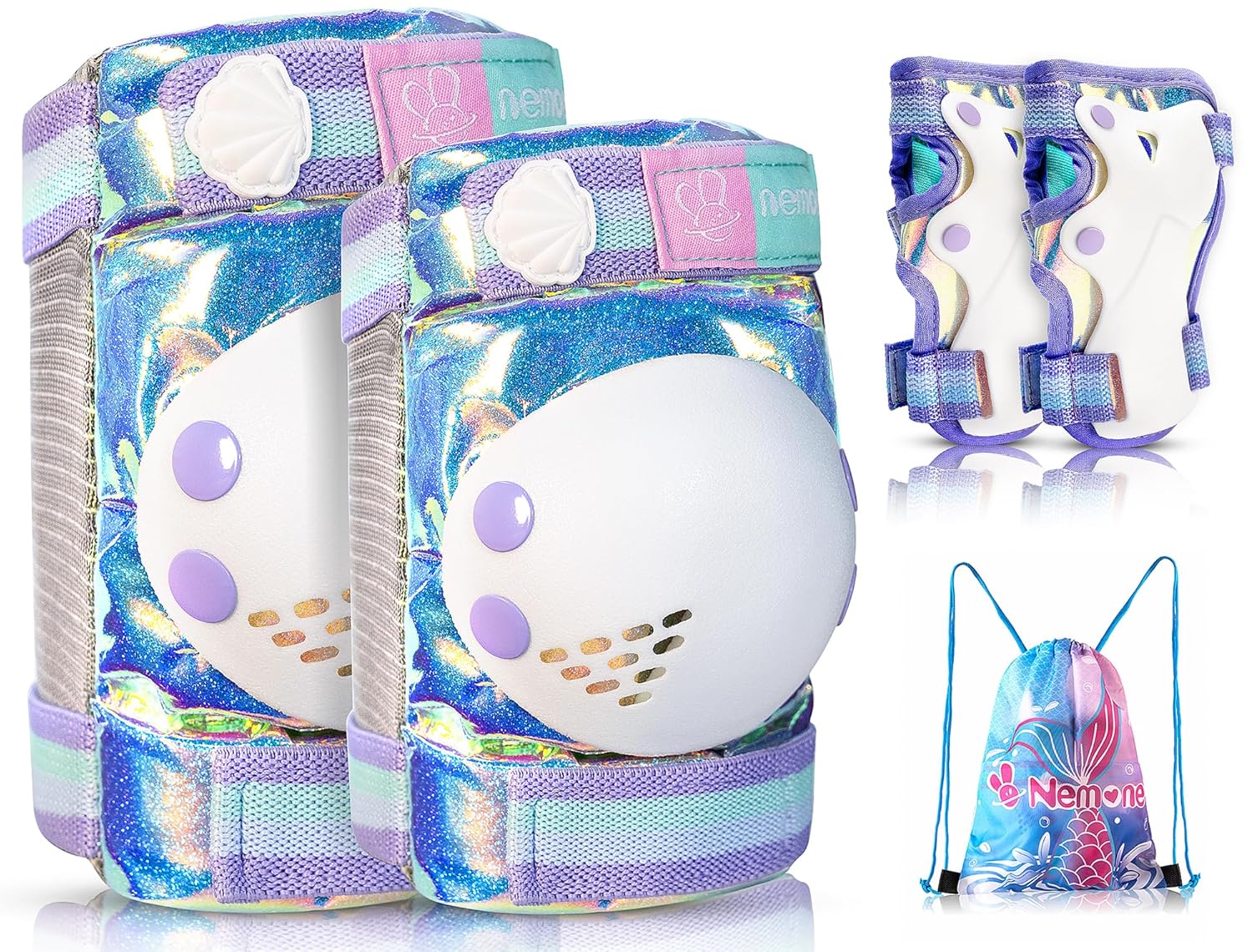 NEMONE Mermaid Knee Pads for Kids, Girls Boys Knee Elbow Pads Wrist Guards with Drawstring Bag, Adjustable Reflective Protective Gear Set for Roller Skates Bike Cycling Skateboard Scooter