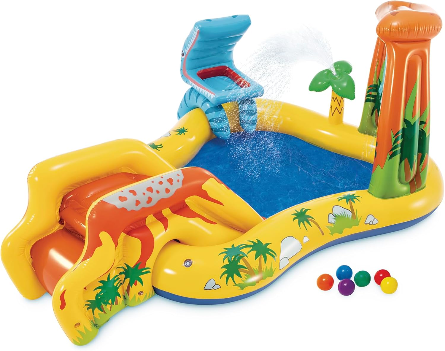 🌞💦 Beat the Heat!  Inflatable Dinosaur Play Center Outdoor Playhouse Inflatable Water Park with Kid Pool Slide, Water Sprayer, Waterfall, and 6 Balls, Multicolor