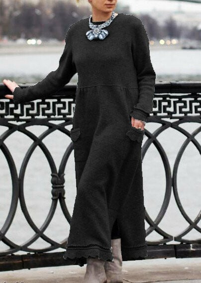 10 colours round neck pullover lace loose knitted long dress 