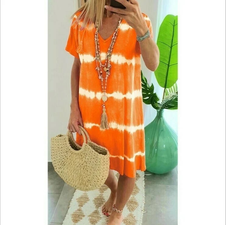 ??Tie-dye Striped Short-sleeved Loose T-shirt Dress 