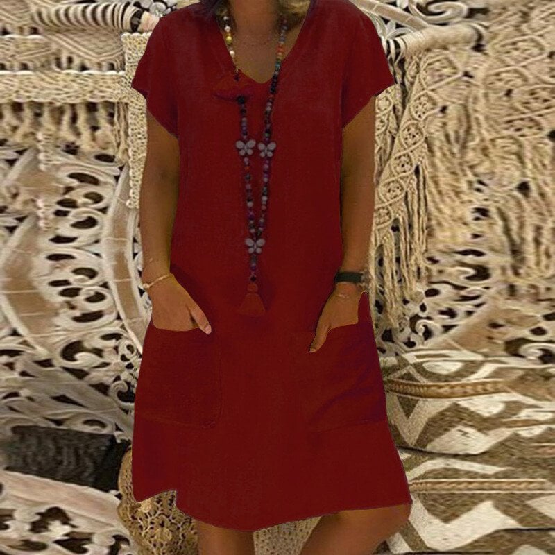??SUMMER HOT SALE - 48% OFF??V-neck Pocket Loose Midi Dress 9 colours 8 sizes (??Buy 2 Free Shipping??) 
