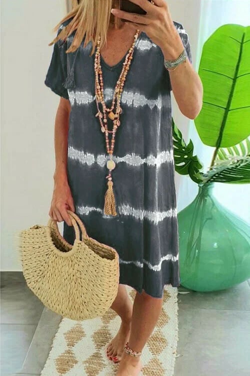 ??Tie-dye Striped Short-sleeved Loose T-shirt Dress 