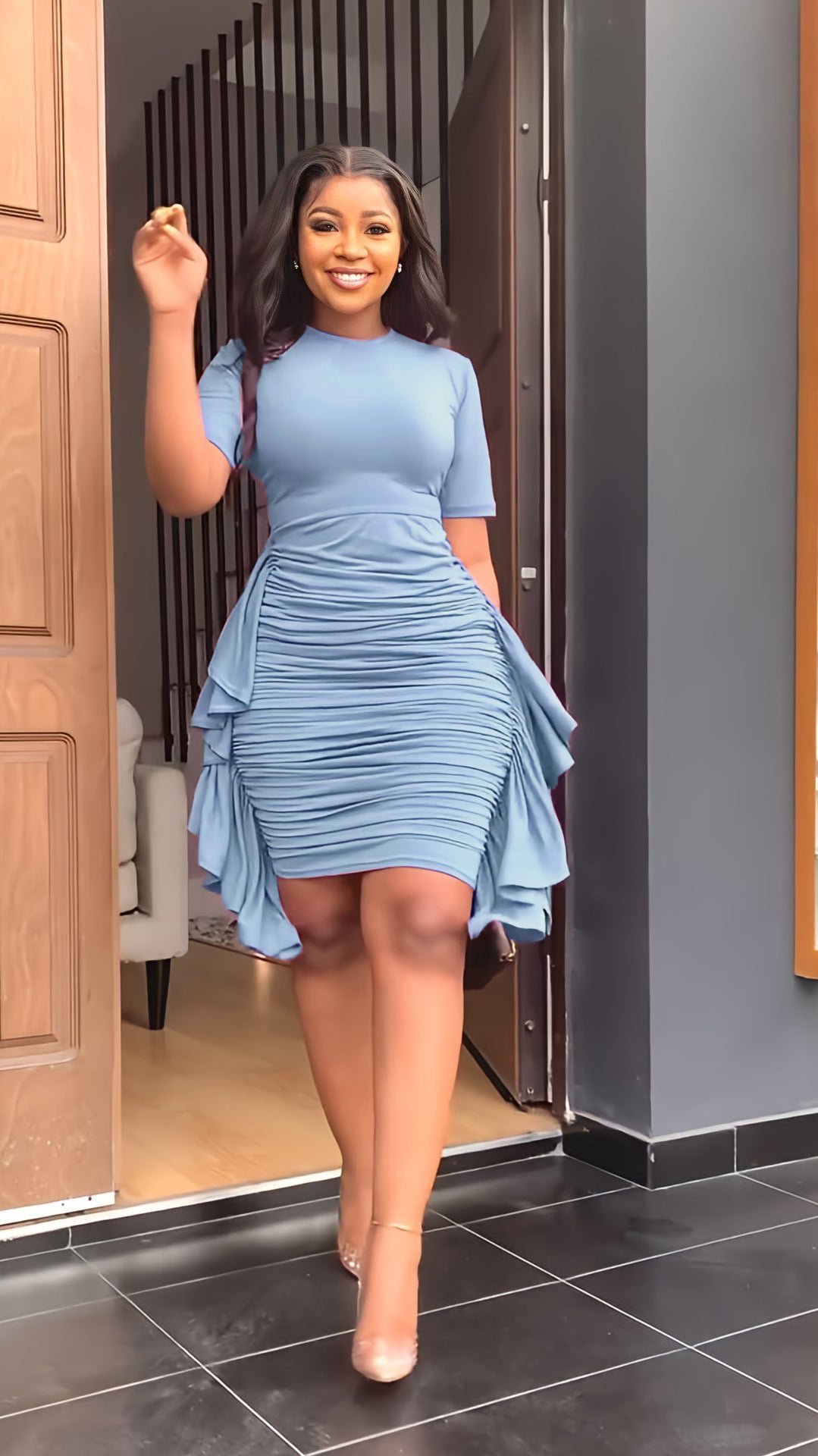 Round Neck Short Sleeve Irregular Ruffle Midi Dresses 