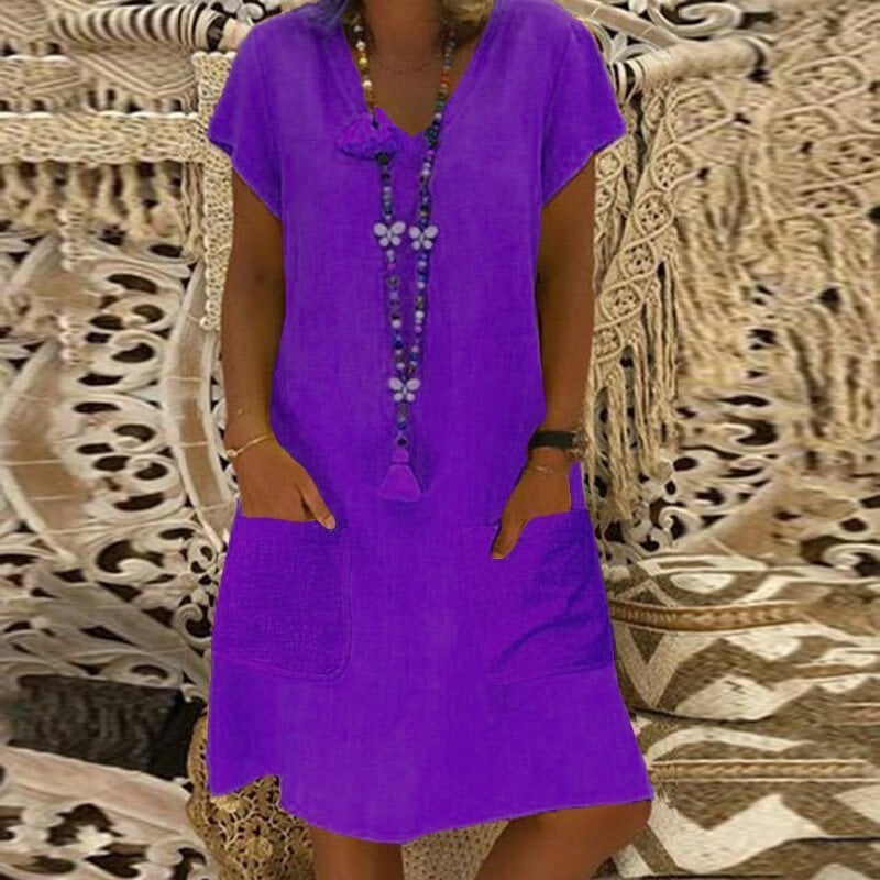 ??SUMMER HOT SALE - 48% OFF??V-neck Pocket Loose Midi Dress 9 colours 8 sizes (??Buy 2 Free Shipping??) 