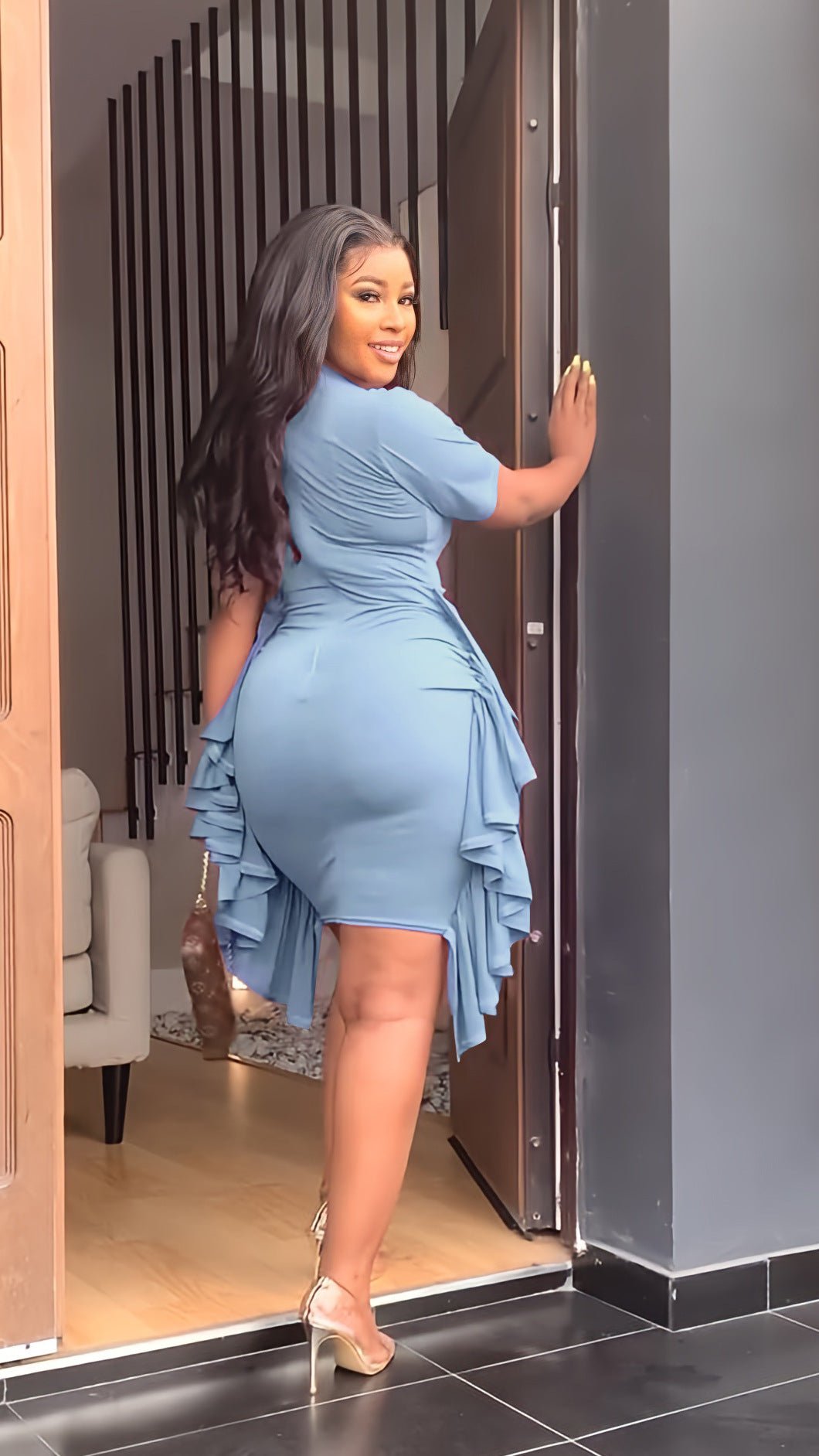 Round Neck Short Sleeve Irregular Ruffle Midi Dresses 