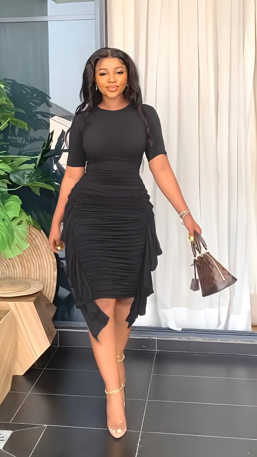 Round Neck Short Sleeve Irregular Ruffle Midi Dresses 