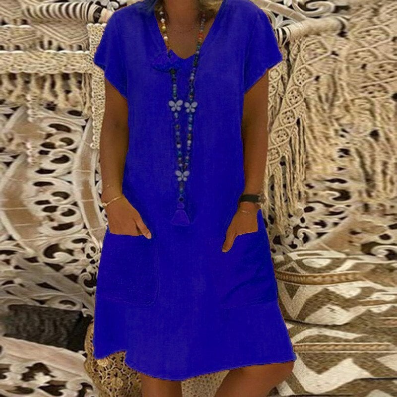 ??SUMMER HOT SALE - 48% OFF??V-neck Pocket Loose Midi Dress 9 colours 8 sizes (??Buy 2 Free Shipping??) 