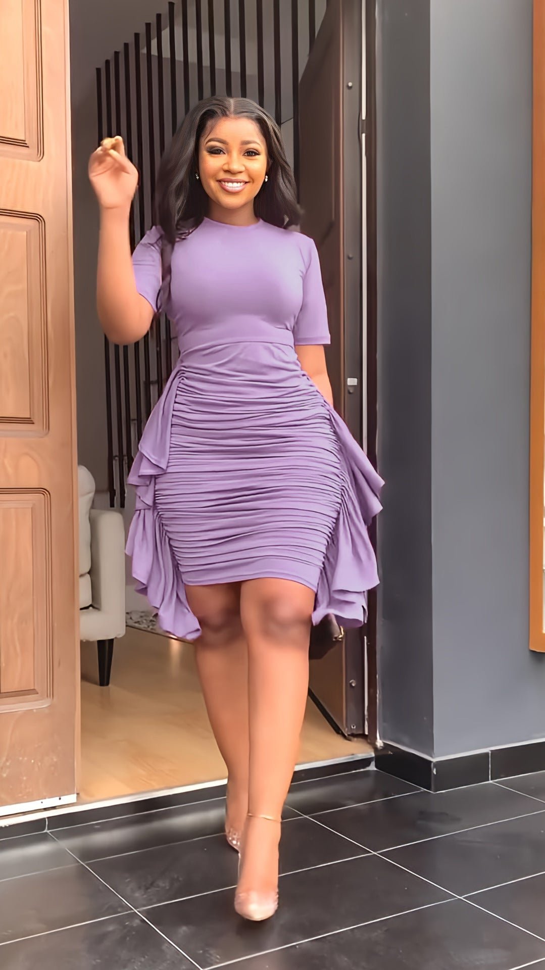 Round Neck Short Sleeve Irregular Ruffle Midi Dresses 
