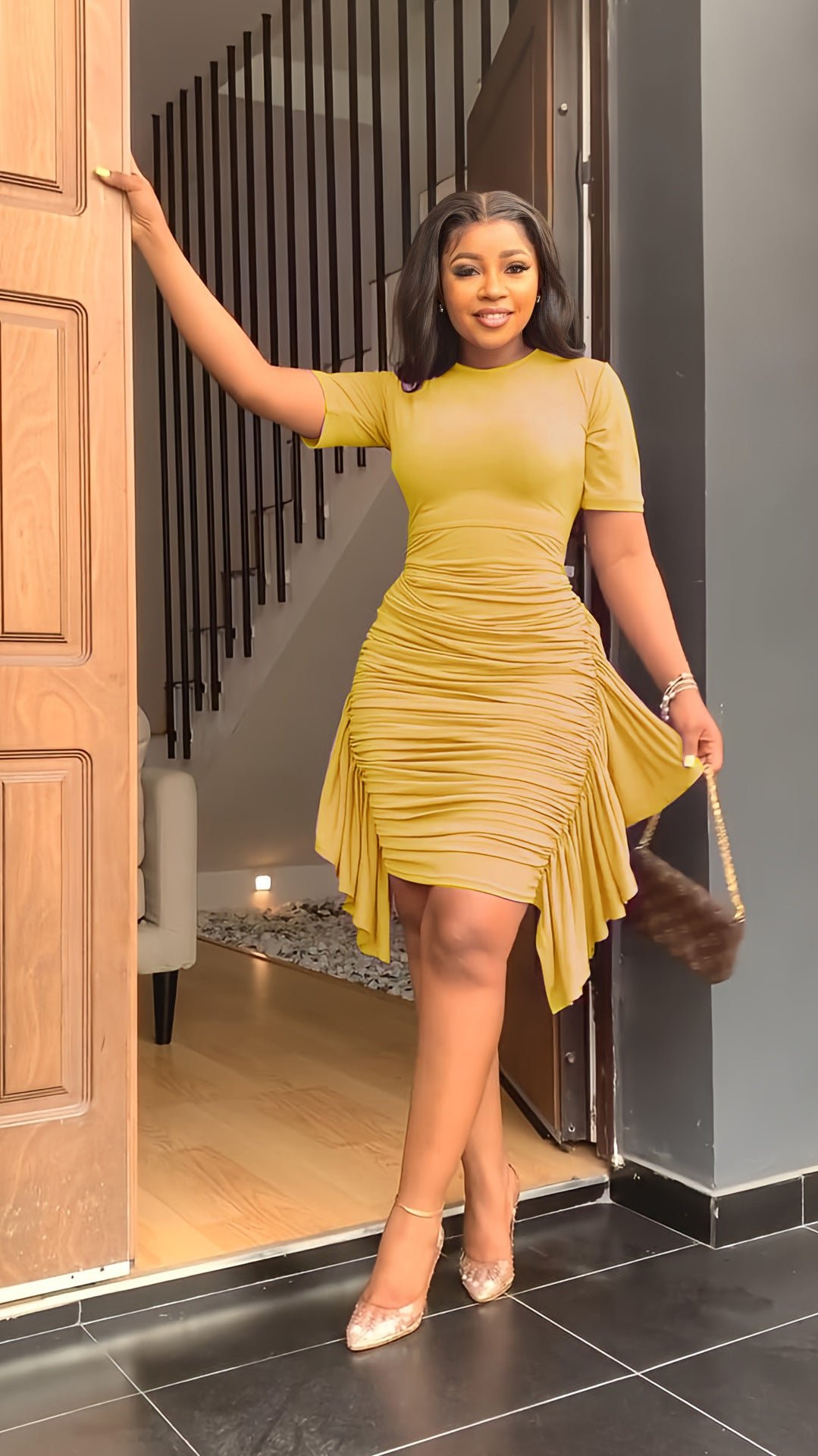 Round Neck Short Sleeve Irregular Ruffle Midi Dresses 