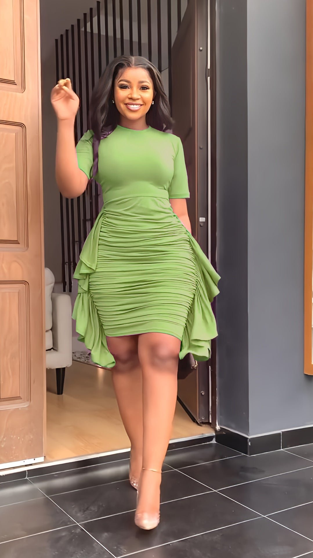 Round Neck Short Sleeve Irregular Ruffle Midi Dresses 