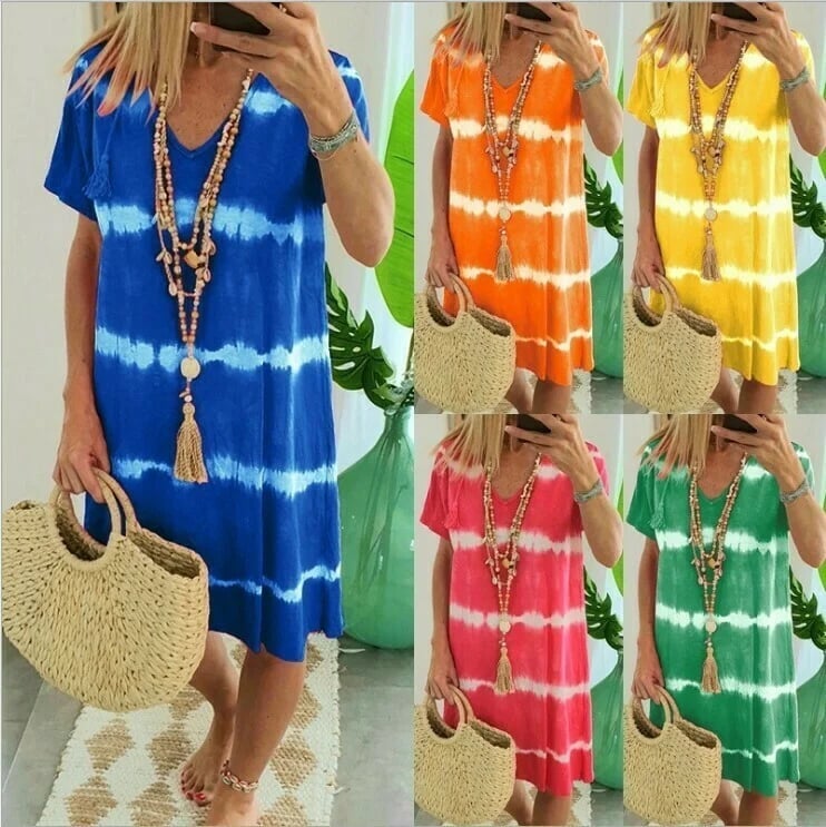 ??Tie-dye Striped Short-sleeved Loose T-shirt Dress 