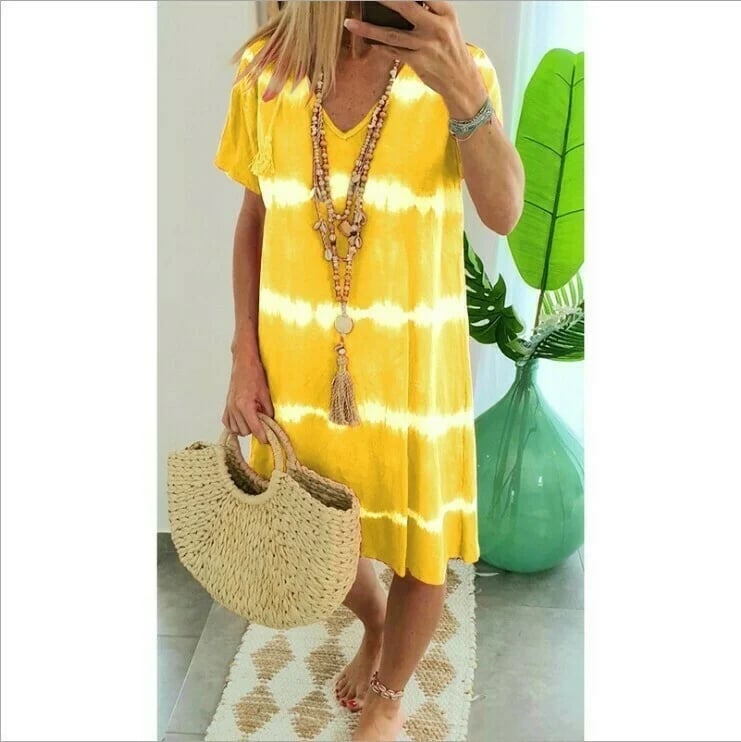 ??Tie-dye Striped Short-sleeved Loose T-shirt Dress 