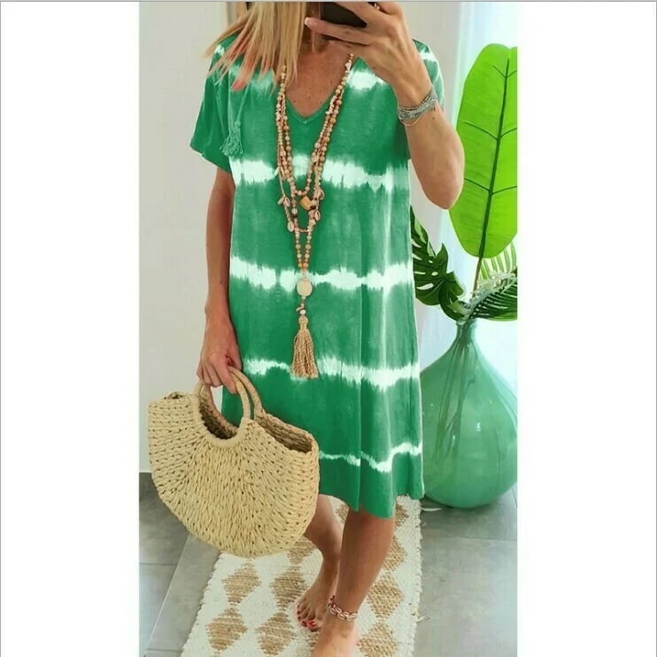 ??Tie-dye Striped Short-sleeved Loose T-shirt Dress 