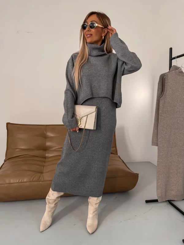 ??Midi Dress and Turtle Neck Sweater Set 