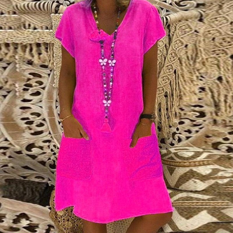 ??SUMMER HOT SALE - 48% OFF??V-neck Pocket Loose Midi Dress 9 colours 8 sizes (??Buy 2 Free Shipping??) 