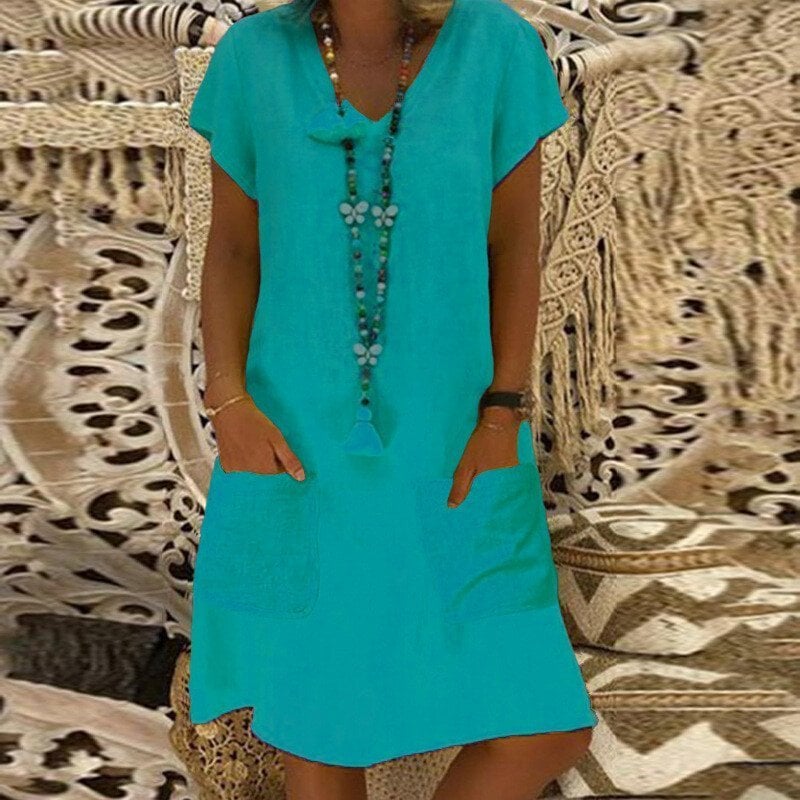 ??SUMMER HOT SALE - 48% OFF??V-neck Pocket Loose Midi Dress 9 colours 8 sizes (??Buy 2 Free Shipping??) 