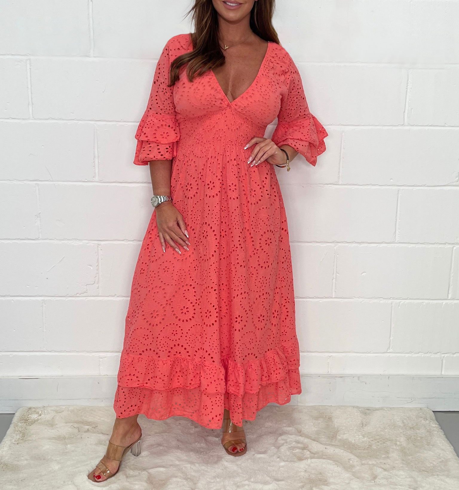 ??HOT SALE - 49% OFF??Embroidery Anglaise Frill Sleeve Midi Dress 