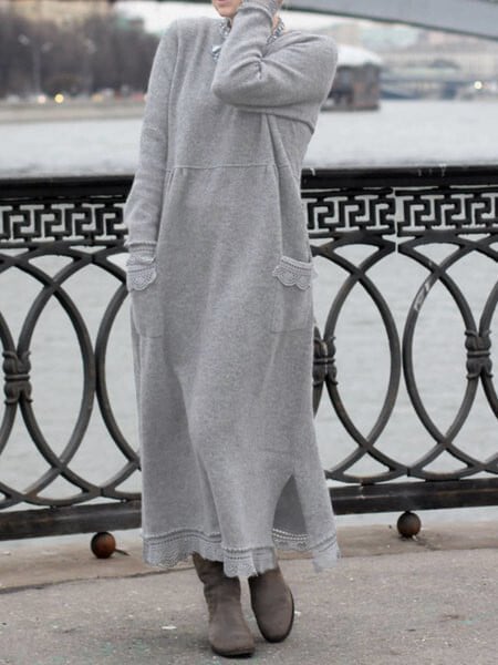 10 colours round neck pullover lace loose knitted long dress 