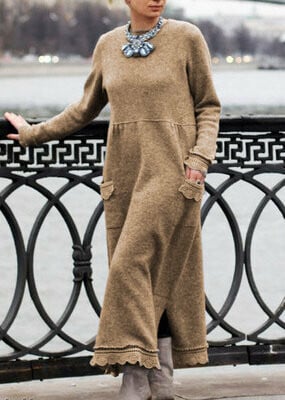 10 colours round neck pullover lace loose knitted long dress 