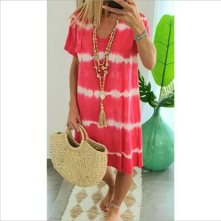 ??Tie-dye Striped Short-sleeved Loose T-shirt Dress 