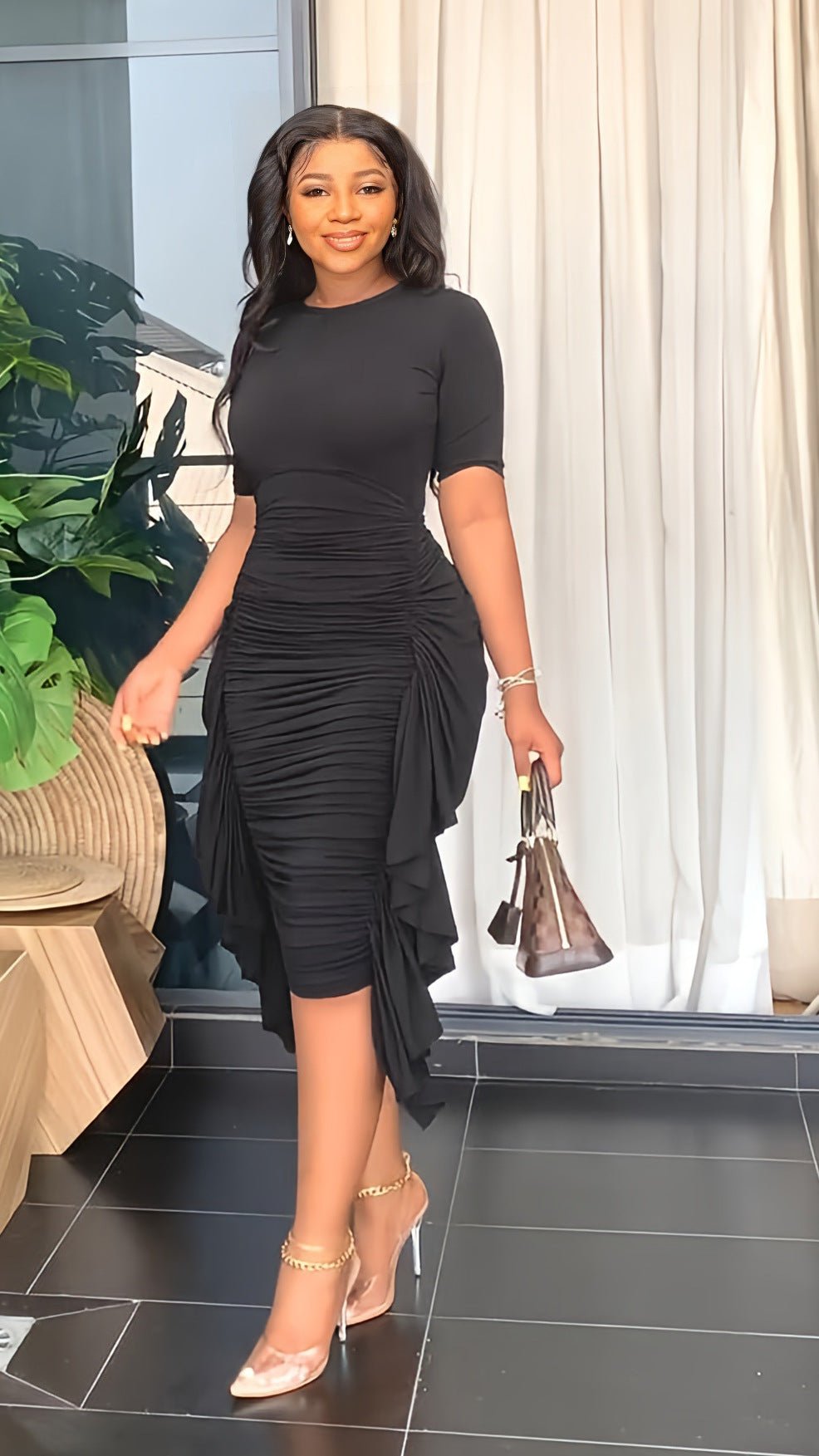 Round Neck Short Sleeve Irregular Ruffle Midi Dresses 