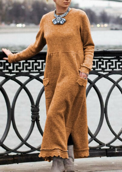 10 colours round neck pullover lace loose knitted long dress 