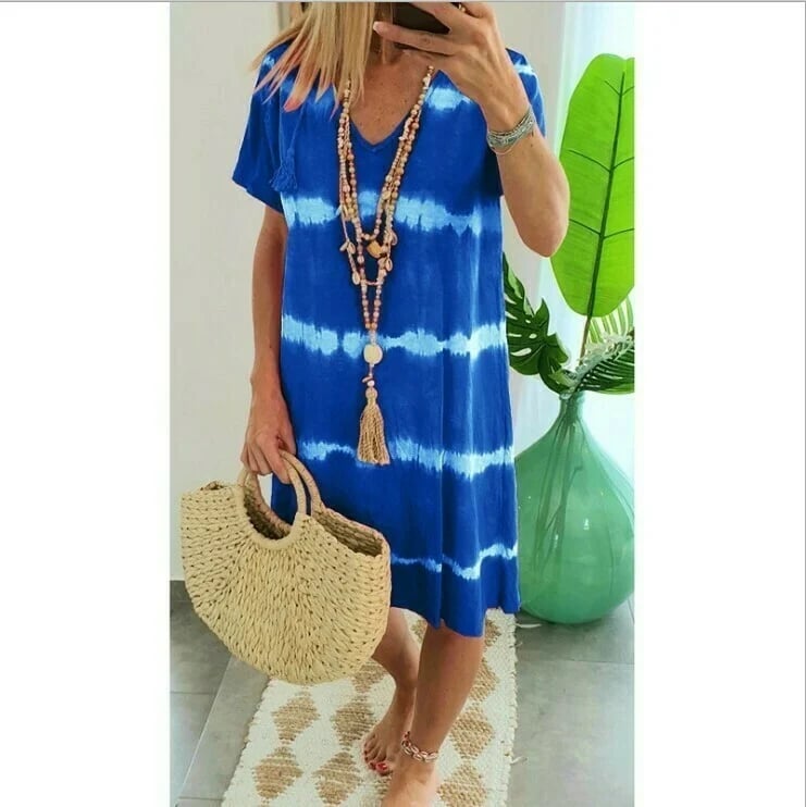 ??Tie-dye Striped Short-sleeved Loose T-shirt Dress 