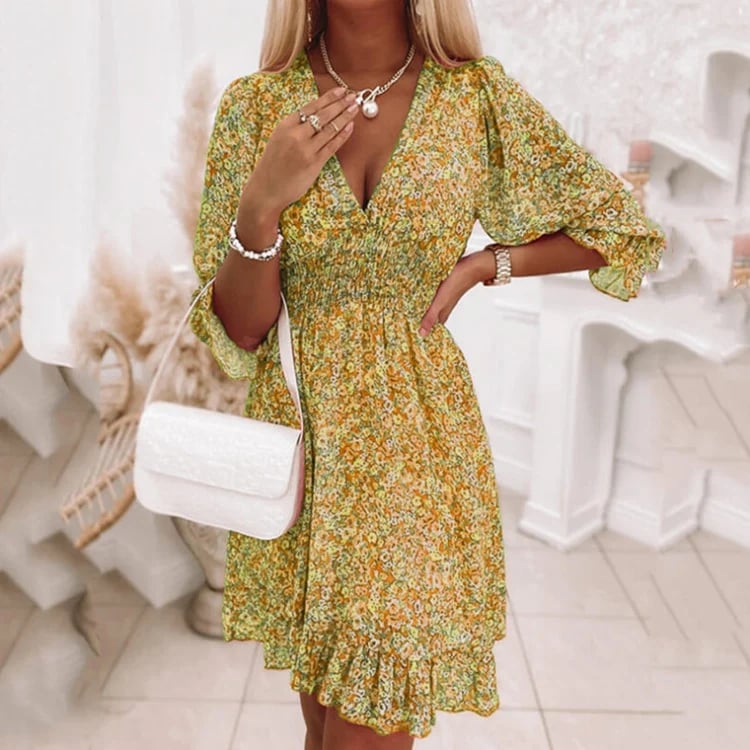 ????HOT SALE 49% OFF??Puff Sleeve Mid Waist Floral Dress 