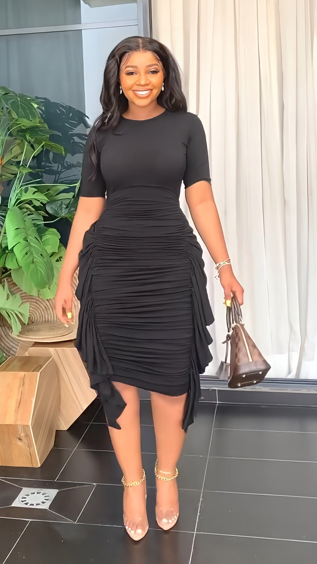 Round Neck Short Sleeve Irregular Ruffle Midi Dresses 