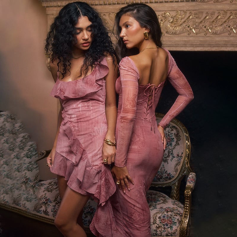 Pink Fitted Long-sleeve Dress 