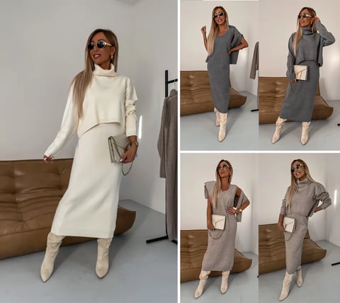 ??Midi Dress and Turtle Neck Sweater Set 