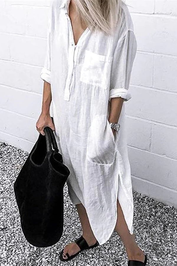 Elegant Solid Color Slit Shirt Dress-Buy 2 Free Shipping 