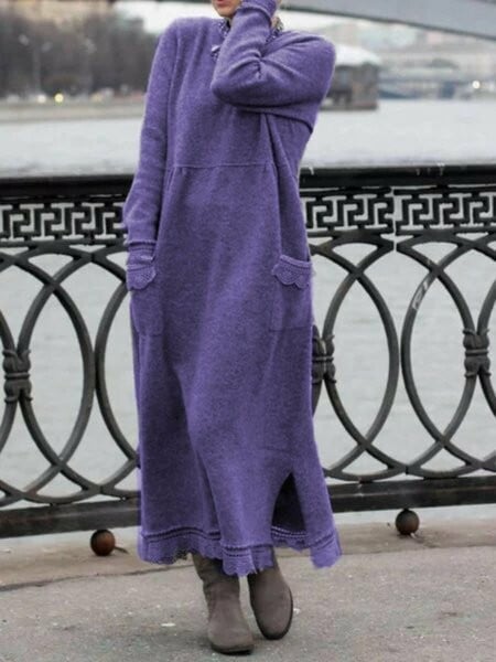 10 colours round neck pullover lace loose knitted long dress 
