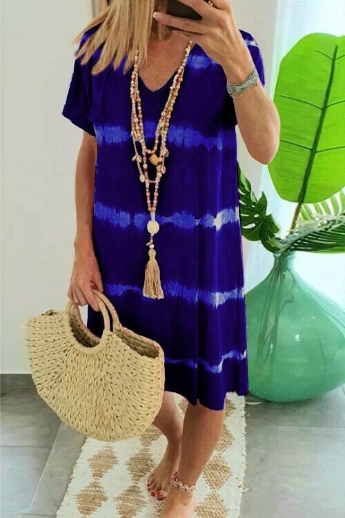 ??Tie-dye Striped Short-sleeved Loose T-shirt Dress 