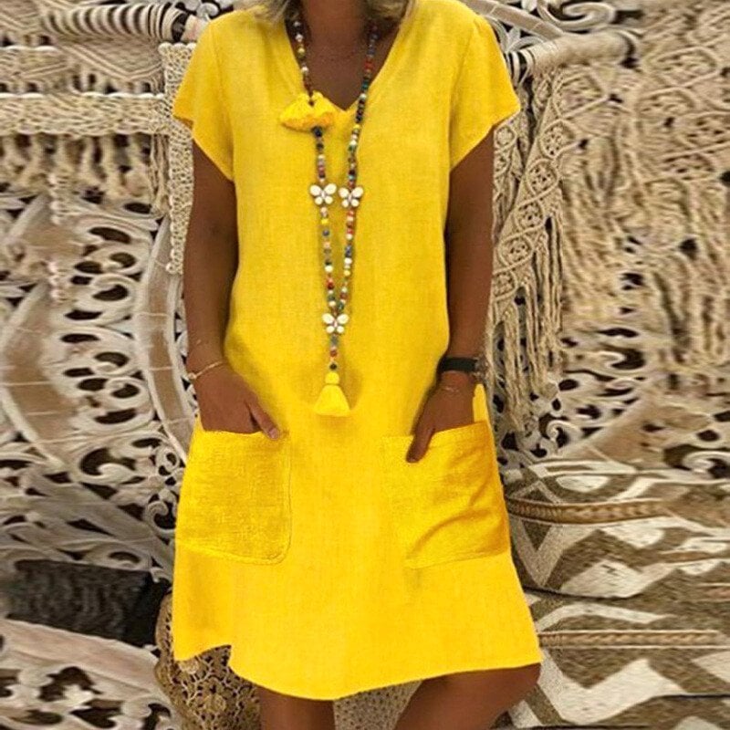 ??SUMMER HOT SALE - 48% OFF??V-neck Pocket Loose Midi Dress 9 colours 8 sizes (??Buy 2 Free Shipping??) 