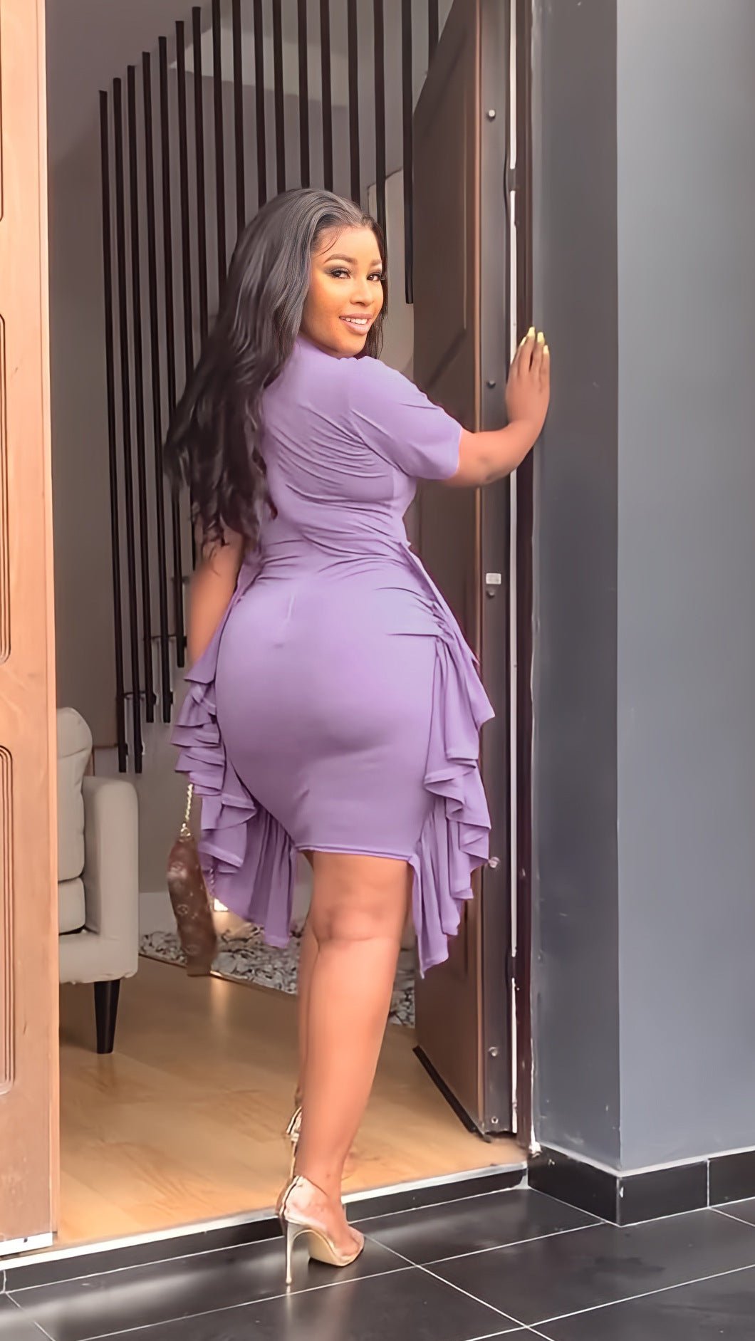 Round Neck Short Sleeve Irregular Ruffle Midi Dresses 