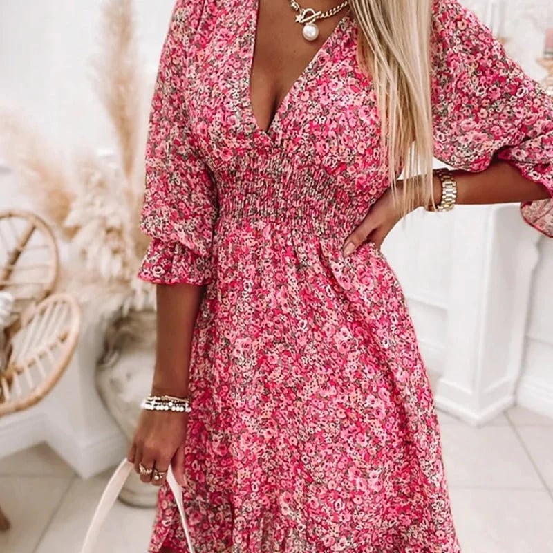 ????HOT SALE 49% OFF??Puff Sleeve Mid Waist Floral Dress 