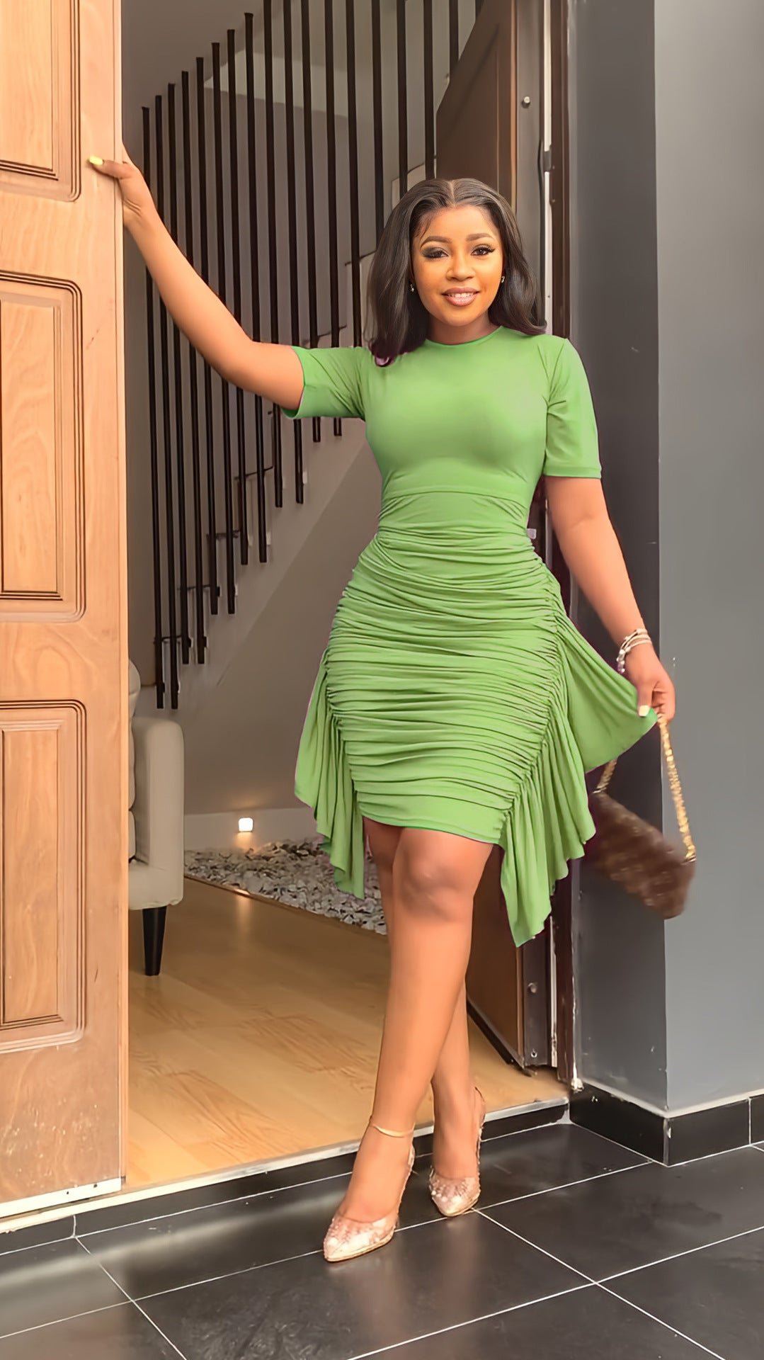Round Neck Short Sleeve Irregular Ruffle Midi Dresses 