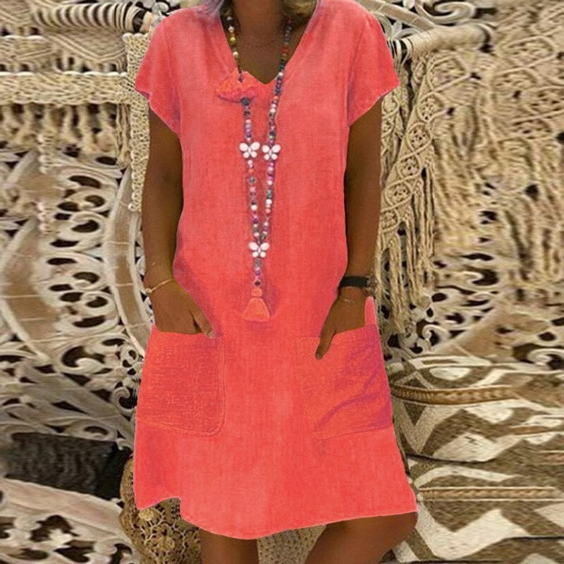 ??SUMMER HOT SALE - 48% OFF??V-neck Pocket Loose Midi Dress 9 colours 8 sizes (??Buy 2 Free Shipping??) 