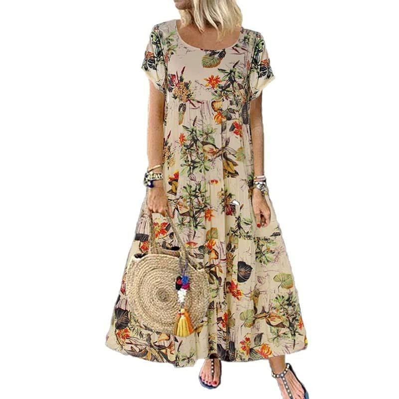 Vintage Floral Printing Short Sleeve Crew Neck Fashion Casual Dress Swinging Loose Women's Clothing Elegant