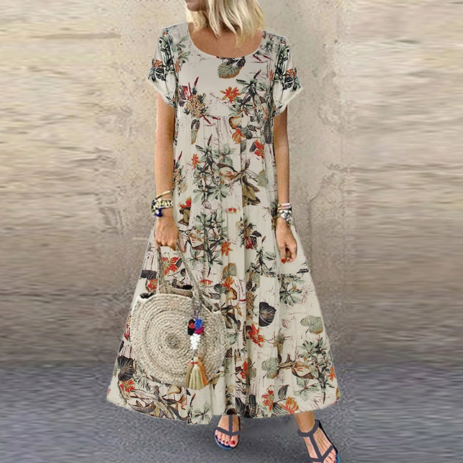 Vintage Floral Printing Short Sleeve Crew Neck Fashion Casual Dress Swinging Loose Women's Clothing Elegant