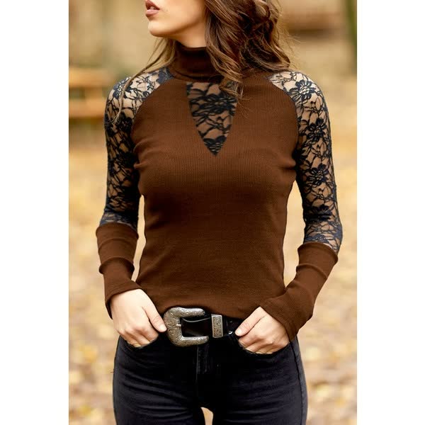 Women's Clothing Mock-neck Sexy Spliced Long Sleeve Plain Pullover Top T Shirt