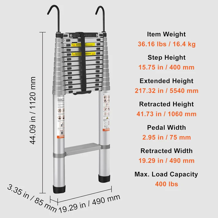 Telescoping Ladder - Max 18.5 FT (5.6 meters) & 400 lbs (181 kg)