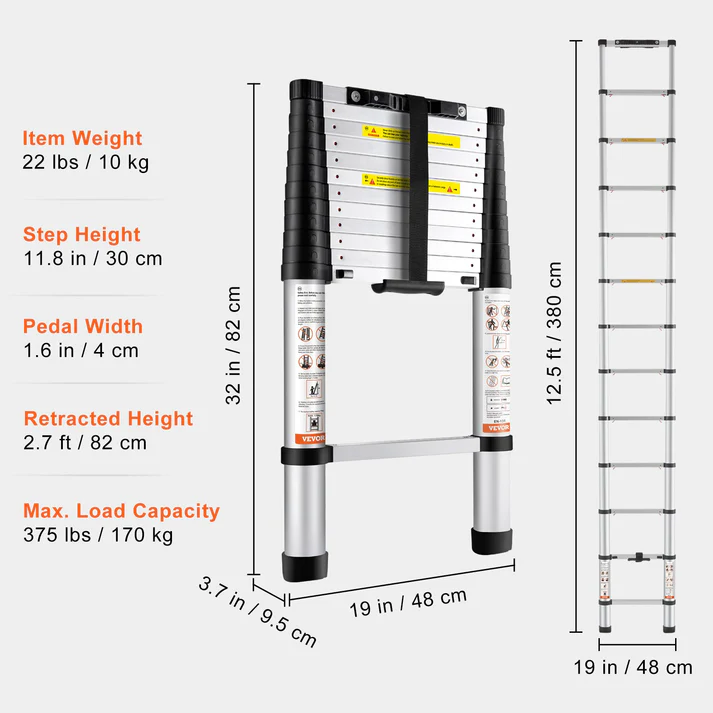 Telescoping Ladder - Max 18.5 FT (5.6 meters) & 400 lbs (181 kg)