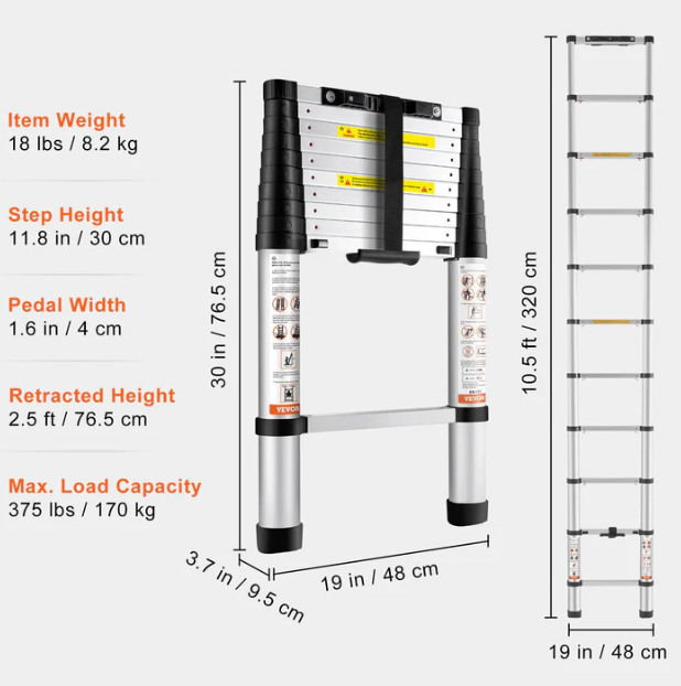 Telescoping Ladder - Max 18.5 FT (5.6 meters) & 400 lbs (181 kg)