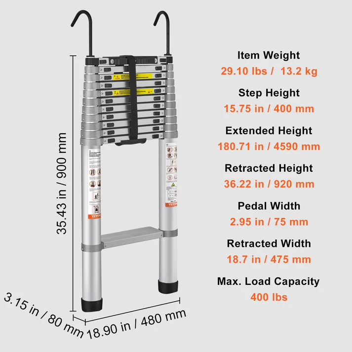 Telescoping Ladder - Max 18.5 FT (5.6 meters) & 400 lbs (181 kg)