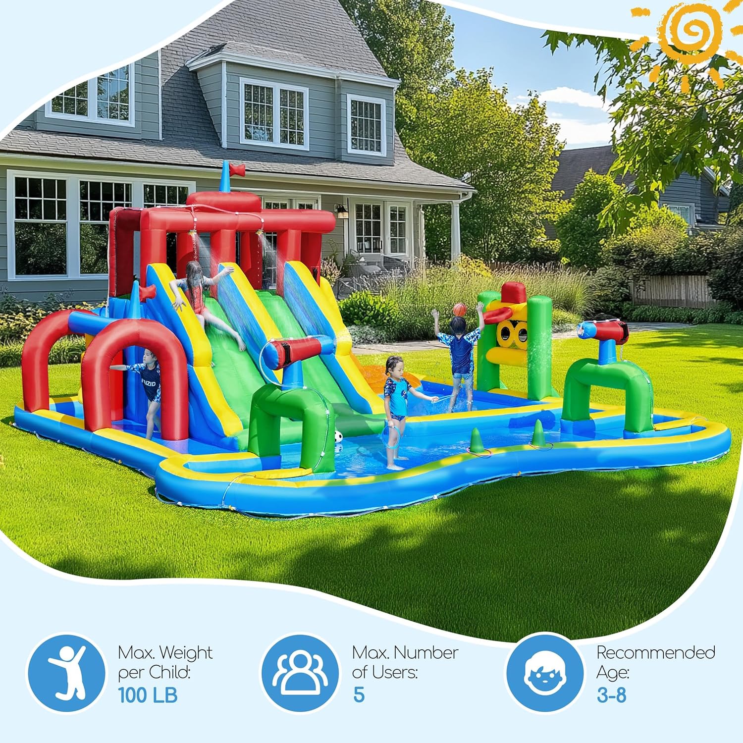 Large Inflatable Water Slide with Soccer Field, 17x16.4FT Blow up Bounce House for Kids Party Outdoor Backyard, Climbing, 750W Air Blower, Splash Pool